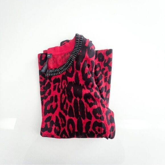 INC Leopard Sweater Top Red Black Bead Collar Trim Women's Petite M Long Sleeved - Picture 9 of 9